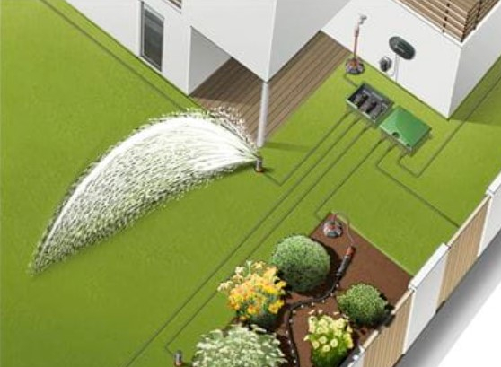 μια εικονική φωτογραφία που φαίνεται από ψηλά ένας κήπος ενός σπιτιού ενώ τα φυτά και τα λουλούδια ποτίζονται από δίπλα